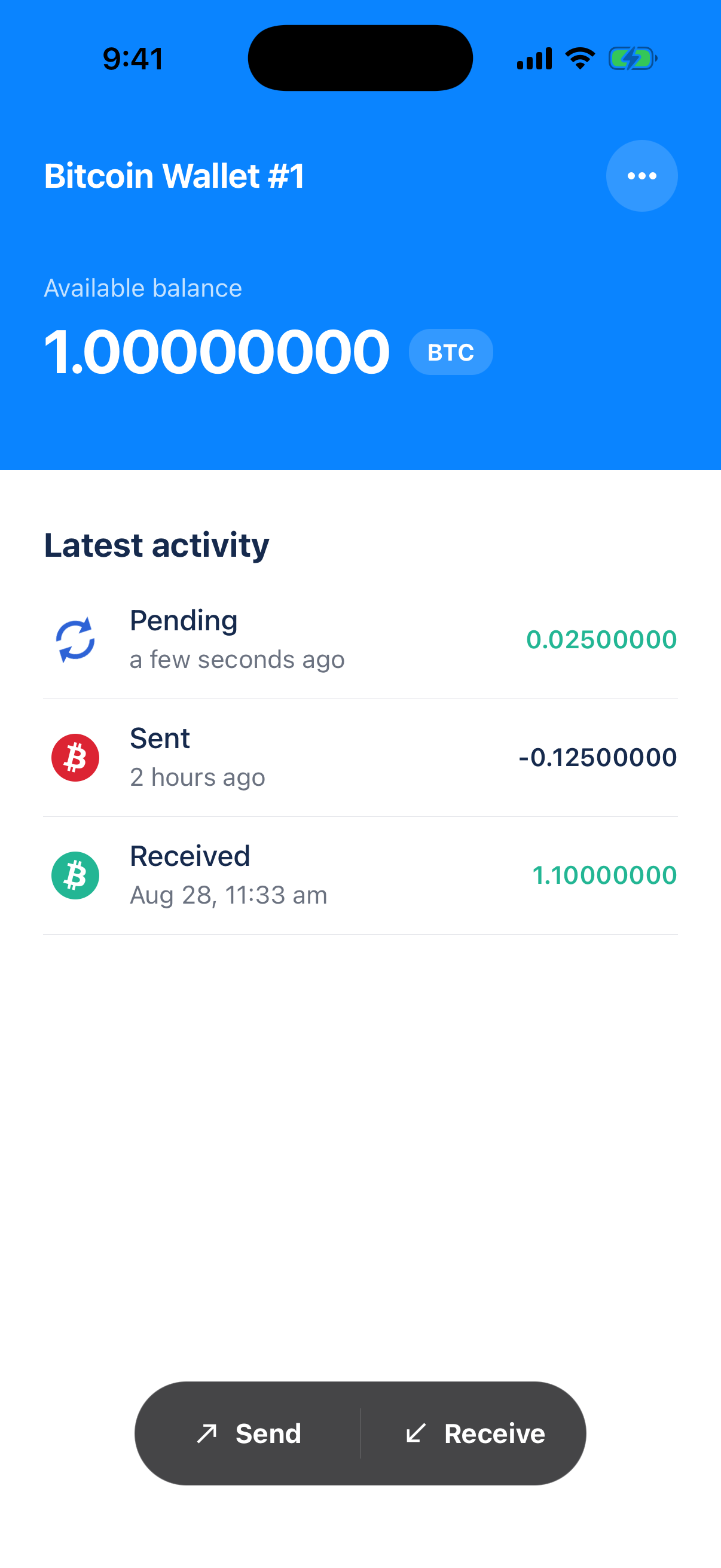Aura Bitcoin Wallet showing a 1 BTC illustrative balance with pending, sent, and received activity