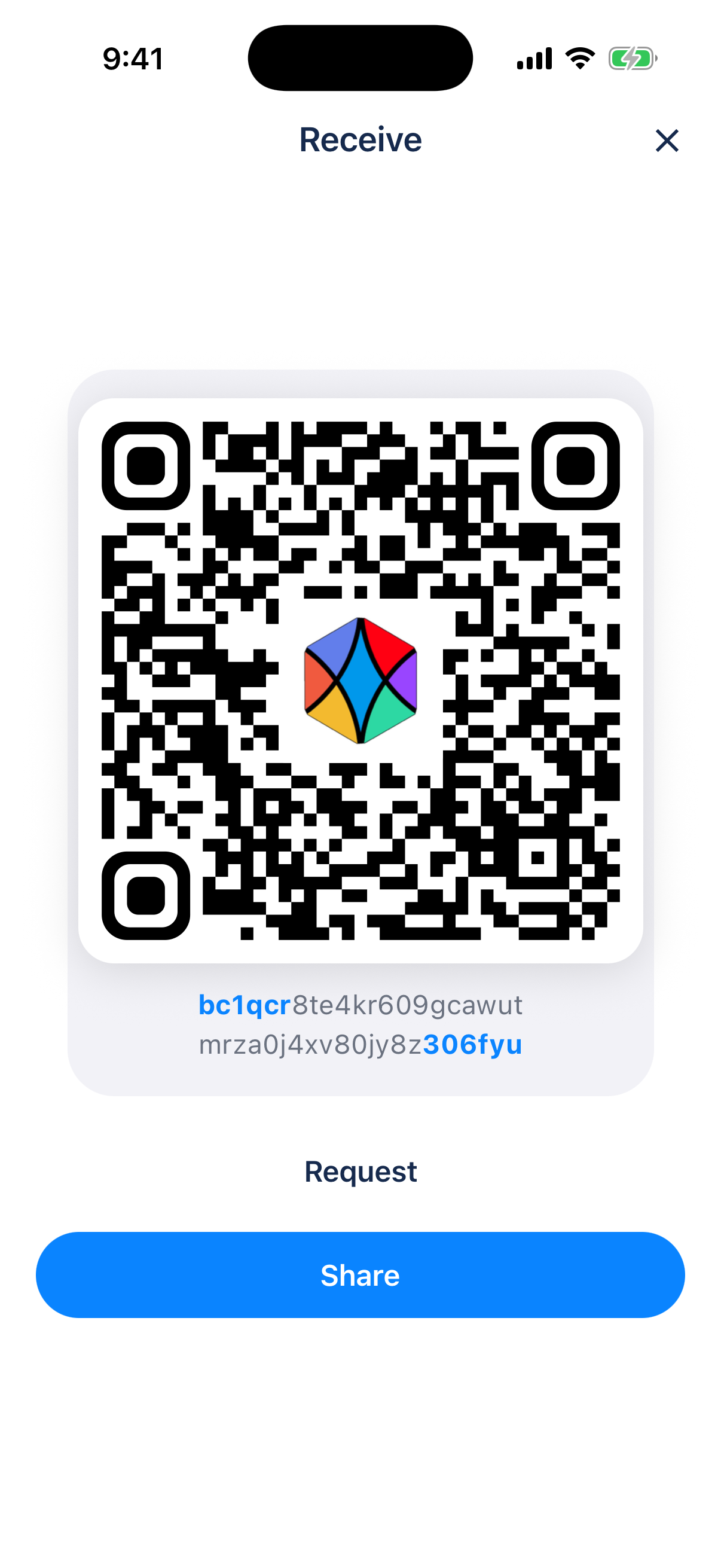 Aura Receive sheet showing a valid public preview Bitcoin address